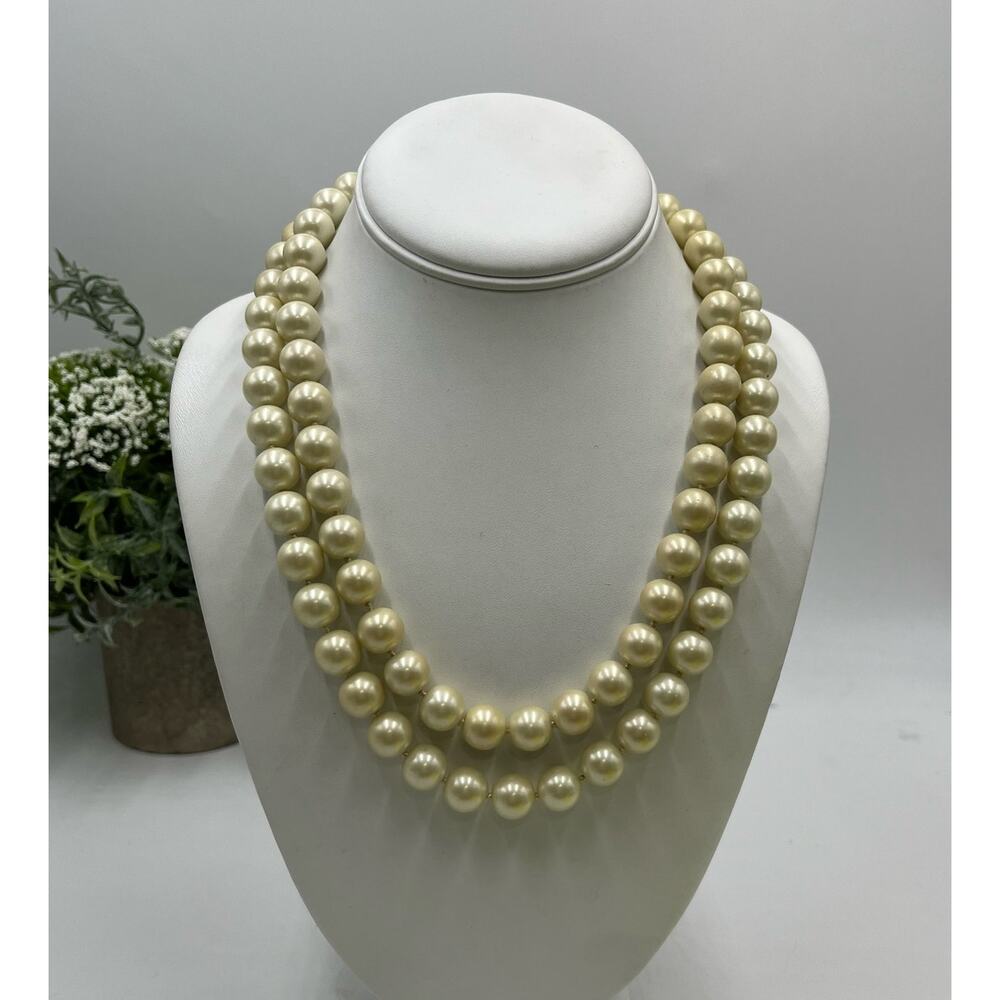 Large Heavy Glass Faux Pearl Double Strand Hand Knotted Cream‎ Long Necklace